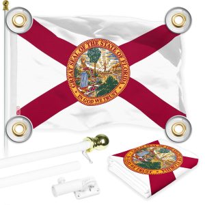 G128 Combo Pack: 6 Ft Tangle Free Aluminum Spinning Flagpole (White) & Florida FL State Flag 3x5 Ft, LiteWeave Pro Series Printed 150D Polyester, 4 Corner Brass Grommets | Pole with Flag Included