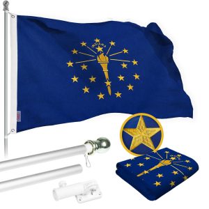 G128 Combo Pack: 5 Ft Tangle Free Spinning Flagpole (Silver) & Indiana Flag 2x3 Ft Embroidered 220GSM Spun Polyester, Brass Grommets (Flag Included) Aluminum Flag Pole