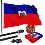 G128 Combo Pack: 5 Ft Tangle Free Spinning Flagpole (Black) & Haiti Flag 2x3 Ft Embroidered 220GSM Spun Polyester, Brass Grommets (Flag Included) Aluminum Flag Pole