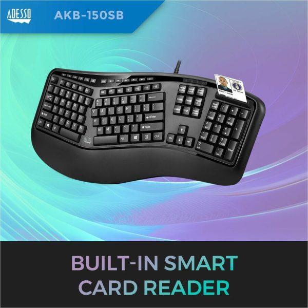 Adesso Desktop Ergonomic Smart Card Reader Keyboard (TAA Compliant) - Image 2