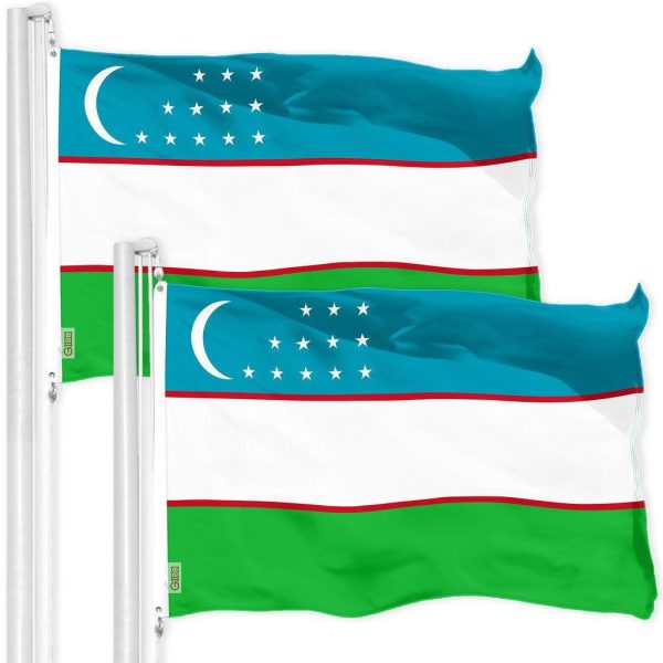G128 2 Pack: Uzbekistan Uzbekistani Flag | 3x5 Ft | LiteWeave Pro Series Printed 150D Polyester | Country Flag, Vibrant Colors, Brass Grommets, Thicker and More Durable Than 100D 75D Polyester