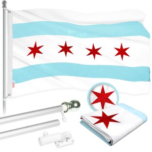 G128 Combo Pack: Flag Pole 5 Ft Silver Tangle Free & Chicago Flag 2.5x4 Ft Embroidered 300D Polyester