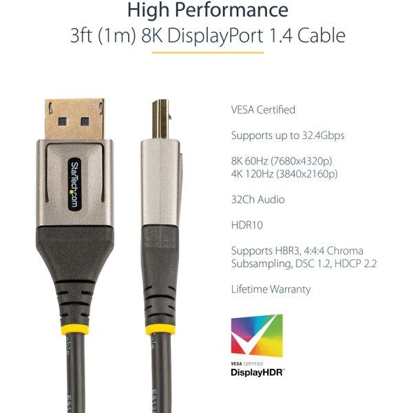 StarTech.com 3ft (1m) VESA Certified DisplayPort 1.4 Cable, 8K 60Hz HDR10, UHD 4K 120Hz Video, DP to DP Monitor Cord, DP 1.4 Cable, M/M - Image 6