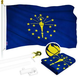 G128 Combo Pack: 5 Ft Tangle Free Aluminum Spinning Flagpole (White) & Indiana IN State Flag 2x3 Ft, ToughWeave Series Embroidered 300D Polyester | Pole with Flag Included