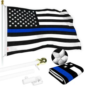 G128 - 6 Feet Tangle Free Spinning Flagpole (White) Thin Blue Line Flag Brass Grommets Spun Polyester 3x5 ft (Flag Included) Aluminum Flag Pole