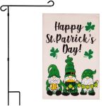 G128 Combo Pack: Garden Flag Stand Black 36 in x 16 in & Garden Flag Happy St. Patrick's Day Decoration Decoration Three Leprechaun Gnomes 12"x18" Double-Sided Burlap Fabric