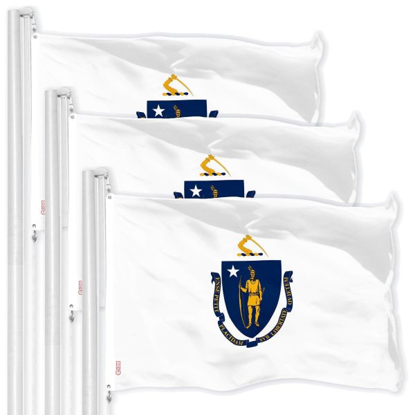 G128 3 Pack: Massachusetts MA State Flag | 3x5 Ft | LiteWeave Pro Series Printed 150D Polyester | Indoor/Outdoor, Vibrant Colors, Brass Grommets, Thicker and More Durable Than 100D 75D Polyester
