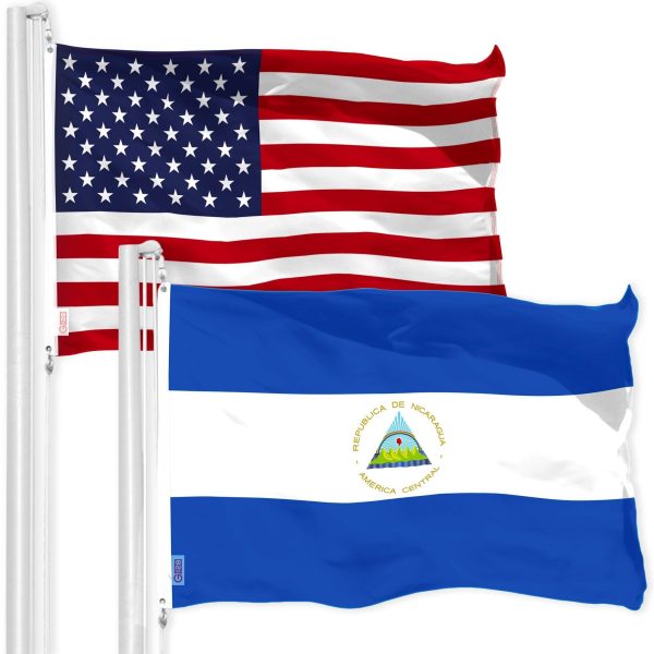 G128 Combo Pack: American USA Flag 3x5 Ft & Nicaragua Nicaraguan Flag 3x5 Ft | Both LiteWeave Pro Series Printed 150D Polyester, Brass Grommets