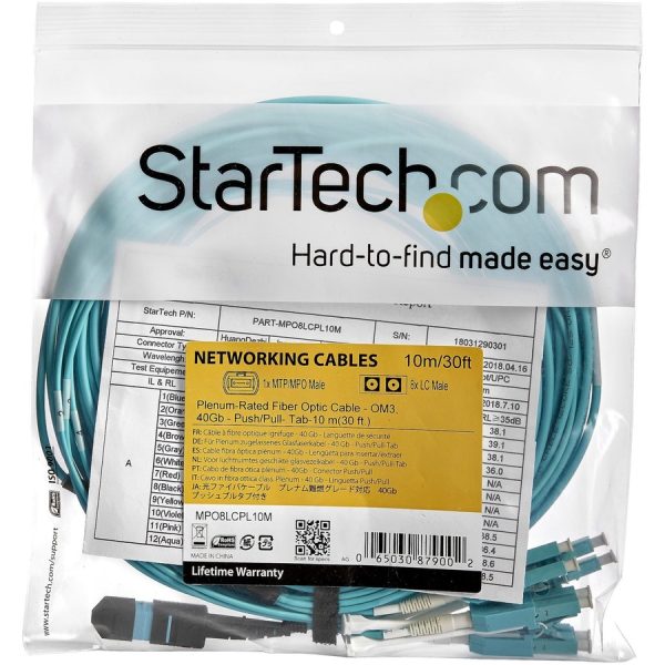 StarTech.com 10m (30ft) MTP(F)/PC to 4x LC/PC Duplex Breakout OM3 Multimode Fiber Optic Cable, 40G, Low Insertion Loss, Fiber Jumper Cord - Image 2