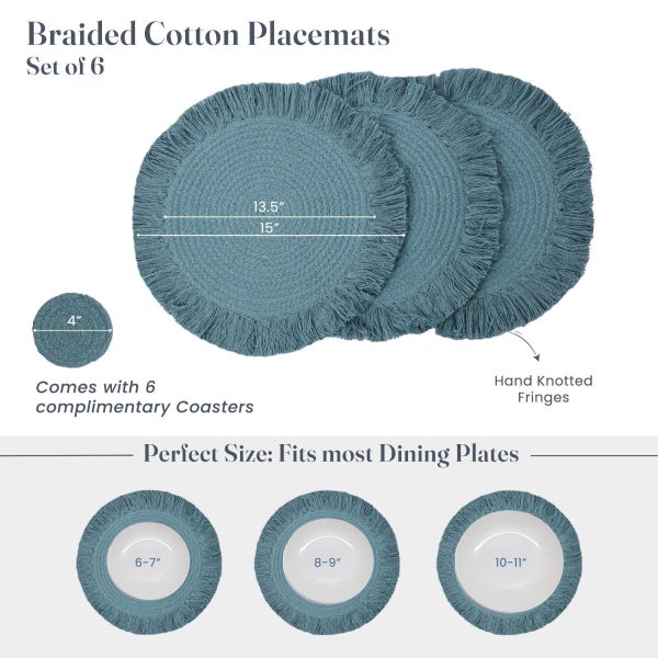 The Fine Living Co. Braided Cotton Placemats (Set of 6 15 Inches) with 6 Free Coasters Washable Anti Slip Heat Resistant Mats Boho Woven Round Table Mats for House Decor Kitchen and Dining - Image 2