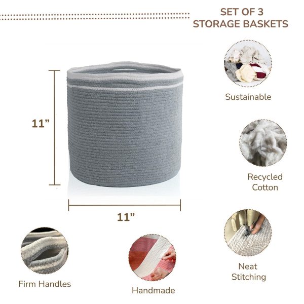 Recycled Cotton Rope Storage Cube Basket Plant Basket Multi Purpose Woven Cube Storage Organizer Shelves Closet Storage Bins Nursery Kids Room Organizer 11 Inch Set of 3   Gray - Image 3