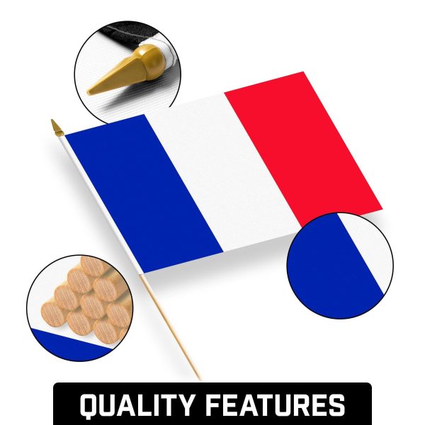 G128 12 Pack Handheld France French Stick Flags | 12x18 In | Printed 150D Polyester, Country Flag, Solid Wooden Stick, Spear Gold Tip - Image 8