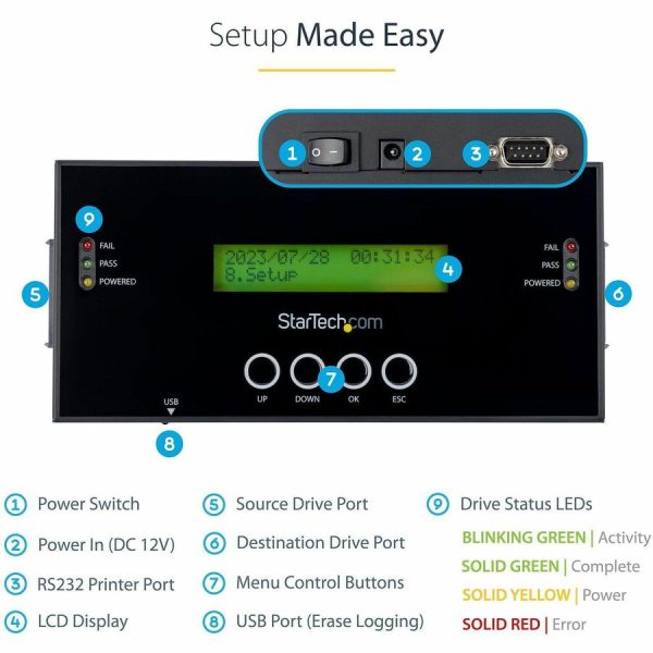 StarTech.com 1:1 Standalone Hard Drive Duplicator and Eraser, SAS/SATA HDD/SSD Cloner/Copier and Disk Eraser/Sanitizer/Wiper, Toolless - Image 4