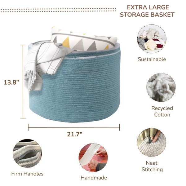 Recycled Cotton Rope Storage Basket   21.7 x 21.7 x 13.8 Inches Extra Large Basket for Cushions Blanket Pillows Toys   Stylish and Eco Friendly Living Room Rope Basket   Gray - Image 3
