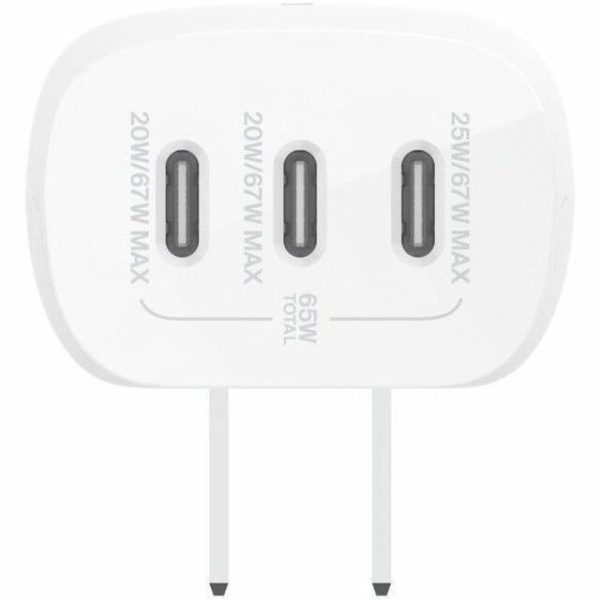 Belkin 67W Portable 3-Port USB-C Wall Charger - 3xUSB-C (67W Total) - Fast Charging - Power Adapter - White - Image 3