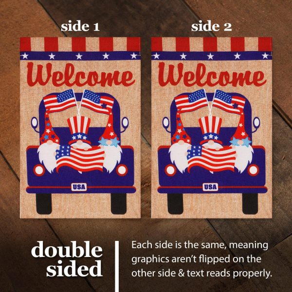 G128 Combo Pack: Garden Flag Stand Black 36 in x 16 in & Garden Flag Patriotic Decoration Welcome Three Gnomes in Patriotic Truck 12"x18" Double-Sided Burlap Fabric - Image 5
