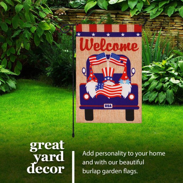 G128 Combo Pack: Garden Flag Stand Black 36 in x 16 in & Garden Flag Patriotic Decoration Welcome Three Gnomes in Patriotic Truck 12"x18" Double-Sided Burlap Fabric - Image 6
