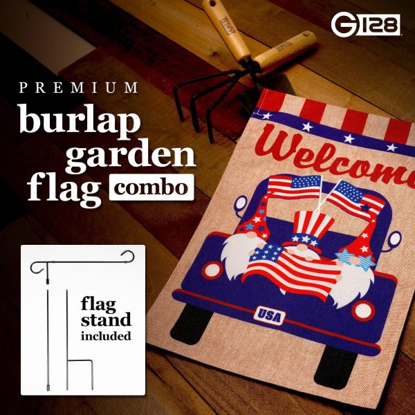 G128 Combo Pack: Garden Flag Stand Black 36 in x 16 in & Garden Flag Patriotic Decoration Welcome Three Gnomes in Patriotic Truck 12"x18" Double-Sided Burlap Fabric - Image 7
