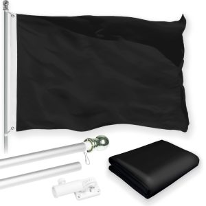 G128 Combo Pack: 5 Ft Tangle Free Aluminum Spinning Flagpole (Silver) & Solid Black Color Flag 2.5x4 Ft, LiteWeave Pro Series Printed 150D Polyester | Pole with Flag Included