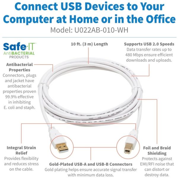 Eaton Tripp Lite Series Safe-IT USB 2.0 A to B Antibacterial Cable (M/M), White, 10 ft. (3.05 m) - Image 3