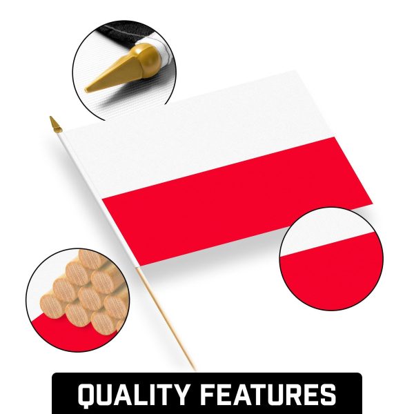 G128 30 Pack Handheld Poland Polish Stick Flags | 12x18 In | Printed 150D Polyester, Country Flag, Solid Wooden Stick, Spear Gold Tip - Image 8