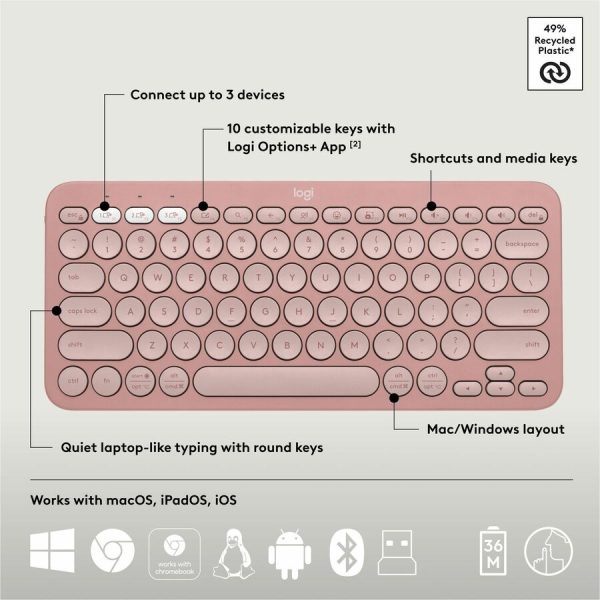 Logitech Pebble 2 Combo, Wireless Keyboard and Mouse, Quiet and Portable, Customizable, Logi Bolt, Tonal Rose - Image 6