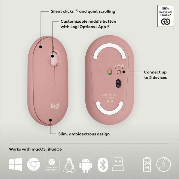 Logitech Pebble 2 Combo, Wireless Keyboard and Mouse, Quiet and Portable, Customizable, Logi Bolt, Tonal Rose - Image 7