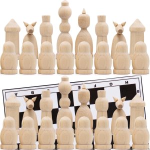 Unfinished Wood Chess Pieces with Vinyl Chess Board   Paint Your Own Chess Set   Blank Chess Sets DIY Arts and Crafts   Chess Gifts for Chess Players