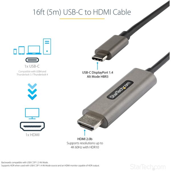 StarTech.com 16ft (5m) USB C to HDMI Cable 4K 60Hz with HDR10, Ultra HD USB Type-C to HDMI 2.0b Video Adapter Cable, DP 1.4 Alt Mode HBR3 - Image 4