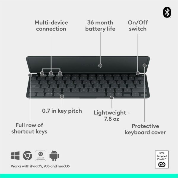 Logitech Keys-To-Go 2 Portable Bluetooth Keyboard for Tablet With Built-in Cover, Slim and Compact Wireless Keyboard for Windows, Android, Linux, iPad, iPhone, Mac, Apple TV (Graphite) - Image 6