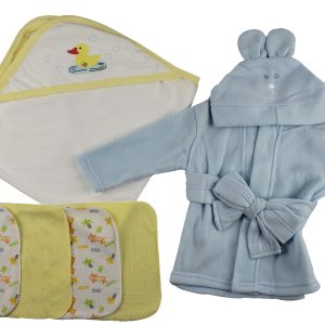 Blue Infant Robe, Yellow Hooded Towel, Washcloths And Hand Washcloth Mitt - 7 Pc Set  Cs_0013