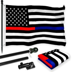 G128 Combo Pack: 6 Feet Tangle Free Spinning Flagpole (Black) Thin Blue and Red Line Flag 3x5 ft Printed 150D Brass Grommets (Flag Included) Aluminum Flag Pole