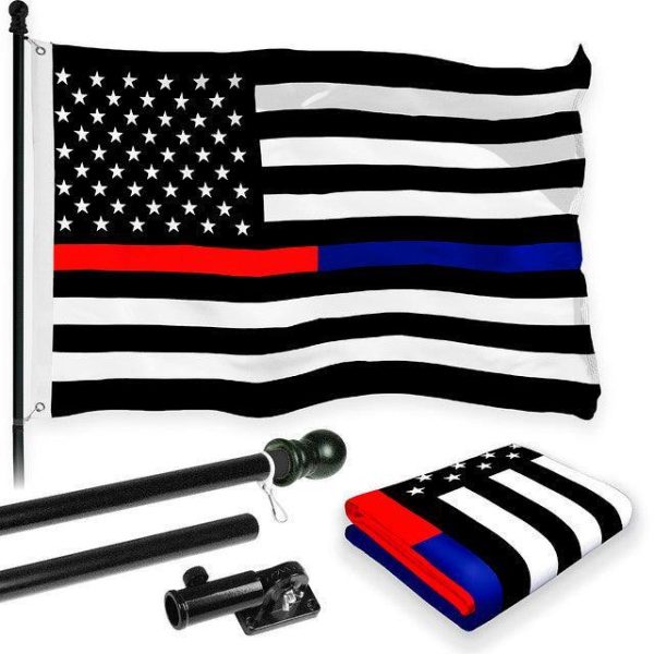 G128 Combo Pack: 6 Feet Tangle Free Spinning Flagpole (Black) Thin Blue and Red Line Flag 3x5 ft Printed 150D Brass Grommets (Flag Included) Aluminum Flag Pole