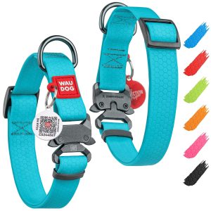 WAUDOG Waterproof Dog Collar   Adjustable Glow Dog Collar for Large Dogs Small and Medium Dogs   Heavy Duty Dog Collars with Durable Metal Clasp and QR Dog Tag   Glow in The Dark Dog Collars