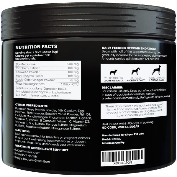 Green Lawn Chews for Dogs - Natural Dog Urine Neutralizer for Lawn with Cranberry, Probiotics, ACV & Digestive Enzymes - 180 Chews for Healthy Bladder, Urinary Tract - Grass Burn, Yellow Spots Treats - Image 7