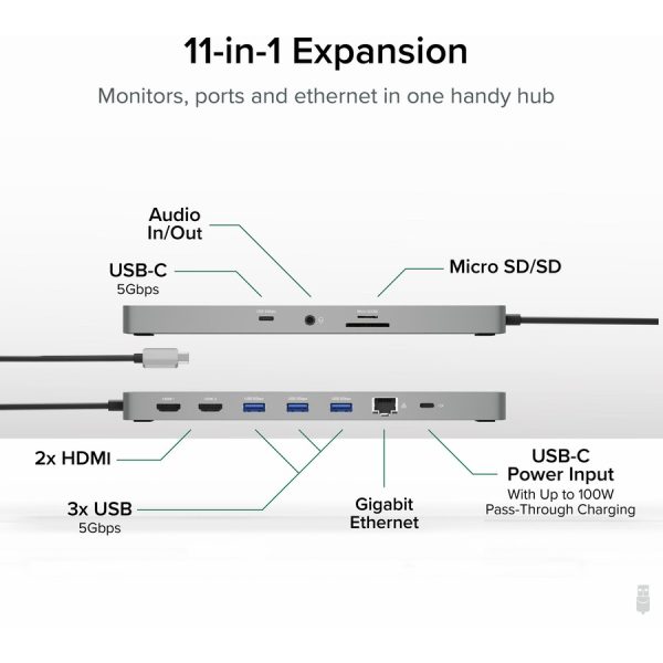 Plugable 11-in-1 USB-C Hub 100W USB-C Pass-through, Laptop Docking Station Dual Monitor with 4K 60Hz HDMI - Image 2
