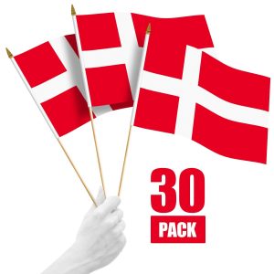 G128 30 Pack Handheld Denmark Danish Stick Flags | 12x18 In | Printed 150D Polyester, Country Flag, Solid Wooden Stick, Spear Gold Tip