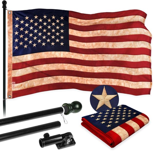 G128 Combo Pack: 6 Ft Tangle Free Aluminum Spinning Flagpole (Black) & USA Tea-Stained Flag 3x5 Ft, ToughWeave Pro Series Embroidered 420D Polyester | Pole with Flag Included