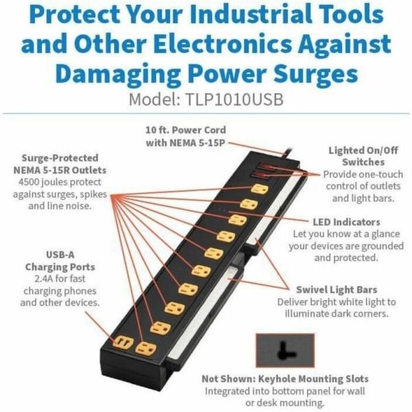 Eaton Tripp Lite Series Protect It! 10-Outlet Surge Protector with Swivel Light Bars - 5-15R Outlets, 2 USB Ports, 10 ft. (3 m) Cord, 4500 Joules, Black - Image 2