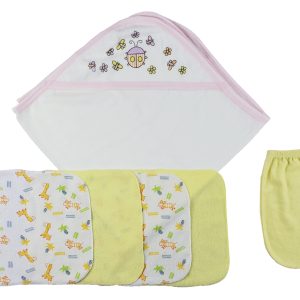 Pink Hooded Towel, Washcloths And Hand Washcloth Mitt - 6 Pc Set  Cs_0010