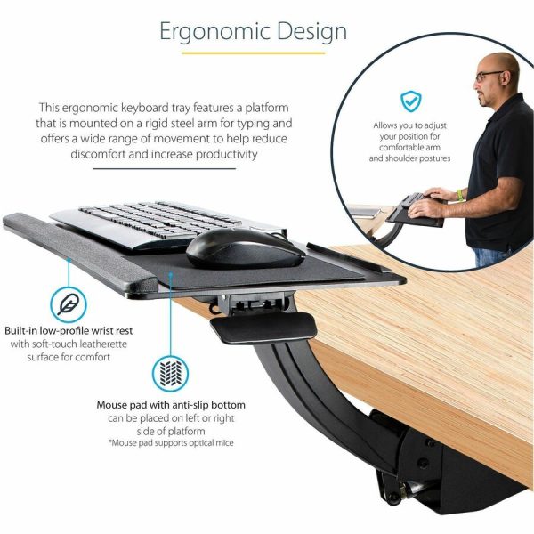StarTech.com Under Desk Keyboard Tray, Height Adjustable Keyboard and Mouse Tray (10" x 26"), Ergonomic Computer Keyboard Tray w/Mouse Pad - Image 5