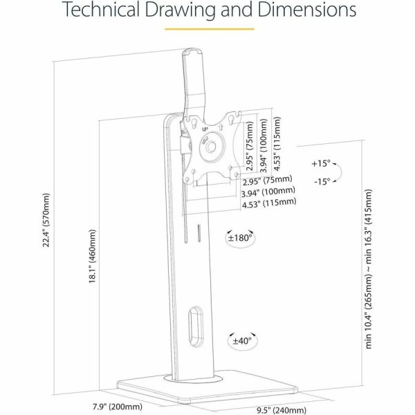StarTech.com Free Standing Single Monitor Mount, Height Adjustable Ergonomic Monitor Desk Stand, For VESA Mount Displays up to 32" (15lb) - Image 5
