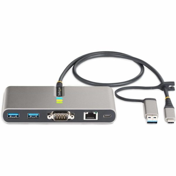StarTech.com 2-Port USB-C Hub with Gb Ethernet and RS232 FTDI Serial, Attached USB-C to USB-A Dongle, 100W PD Pass-Through, 2x USB-A 5Gbps - Image 3