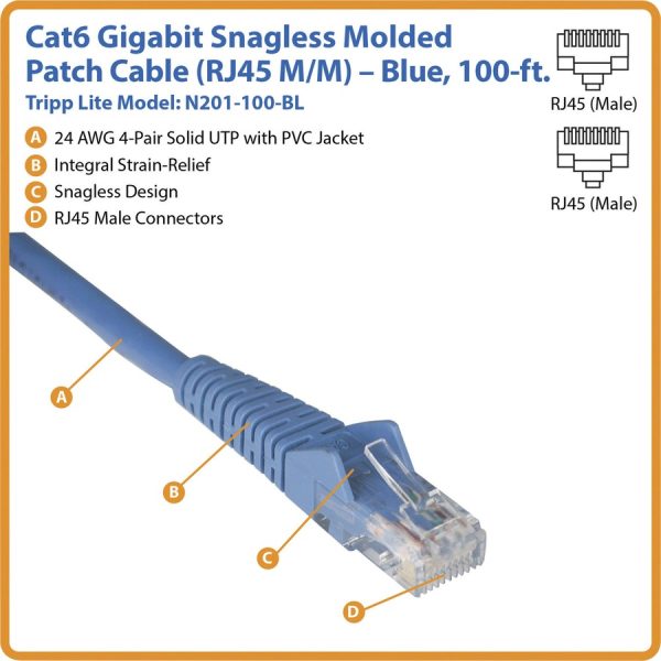 Eaton Tripp Lite Series Cat6 Gigabit Snagless Molded (UTP) Ethernet Cable (RJ45 M/M), PoE, Blue, 100 ft. (30.5 m) - Image 2
