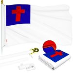 G128 Combo Pack: 5 Ft Tangle Free Aluminum Spinning Flagpole (White) & Christian Flag 2.5x4 Ft, ToughWeave Series Embroidered 300D Polyester | Pole with Flag Included