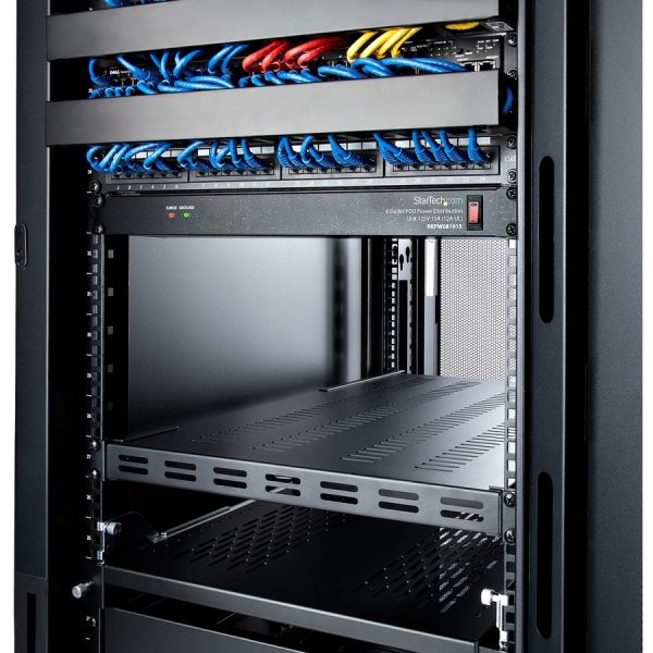 StarTech.com 1U 4-Post 19.5 to 38in Adjustable Mounting Depth Vented Rack Mount Shelf - Heavy Duty Fixed Rack Shelf - 330lbs / 150kg - 27.5in Deep - Image 8