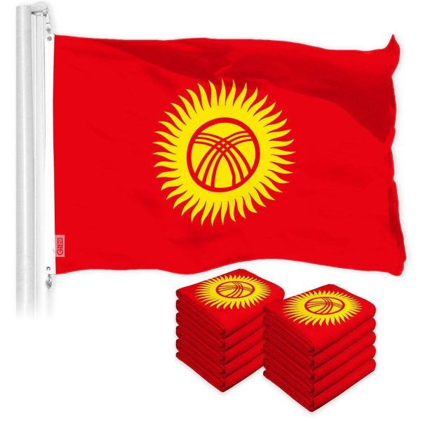 G128 10 Pack: Kyrgyzstan Kyrgyz Flag | 3x5 Ft | LiteWeave Pro Series Printed 150D Polyester | Country Flag, Indoor/Outdoor, Vibrant Colors, Brass Grommets, Thicker and More Durable Than 100D 75D Poly