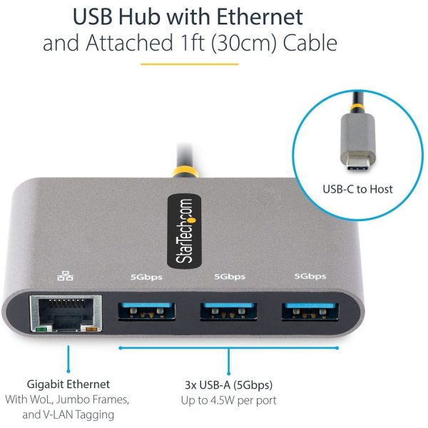 StarTech.com 3-Port USB-C Hub with Ethernet, 3x USB-A, Gigabit Ethernet, USB 3.0 5Gbps, Bus-Powered, Portable Laptop USB Type-C Hub w/ GbE - Image 6