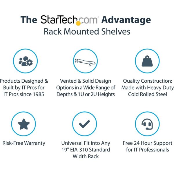 StarTech.com 1U Vented Server Rack Cabinet Shelf - Fixed 7in Deep Cantilever Rackmount Tray for 19" Data/AV/Network Enclosure w/Cage Nuts - Image 2