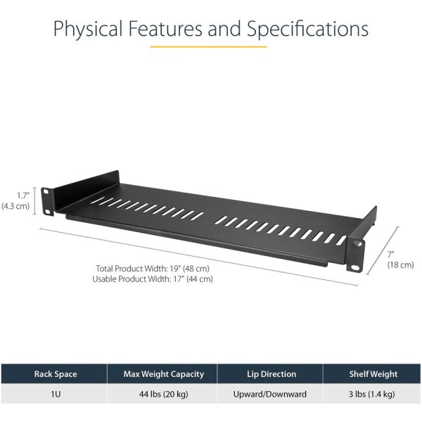 StarTech.com 1U Vented Server Rack Cabinet Shelf - Fixed 7in Deep Cantilever Rackmount Tray for 19" Data/AV/Network Enclosure w/Cage Nuts - Image 4